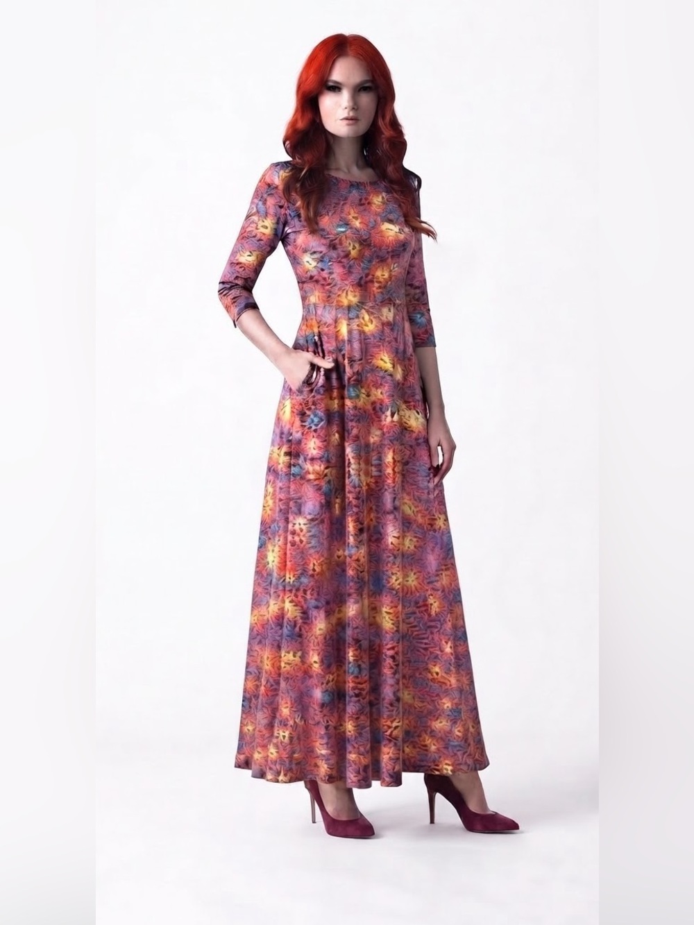 LuLaRoe Long Dress Fit Flare A Line Print Scoop Swing Dress Fall Colors